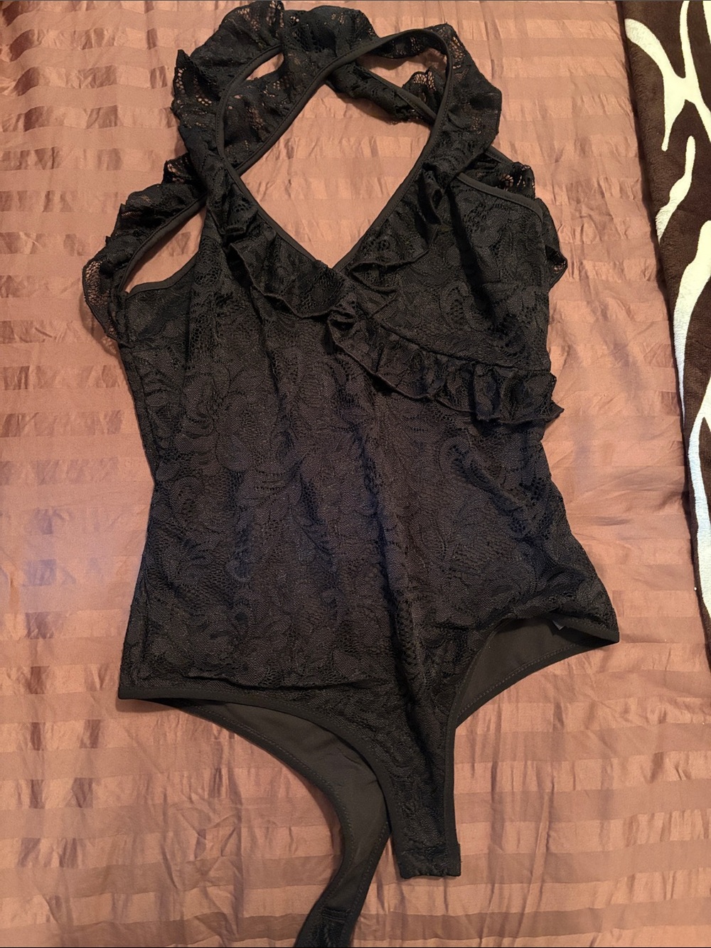 bebe Black Lace Ruffle One-Piece Bodysuit